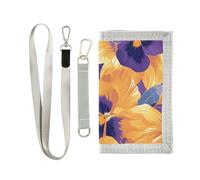 KLL Abstract Orange Purple Pansies Flowers Trifold Wallets for Cards and Cash for Womans Nylon Sturdy Slim Wallets with Lanyard