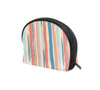 KLL Apricot and Pale Blue Stripe Pattern Half Moon Case Cosmetic Makeup Bag Portable Large Cosmetic Bags Jewelry pouching for Makeup Brushes