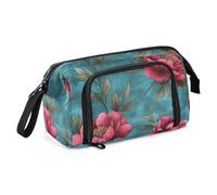 KLL Art Red Peonies Flowers Teal Pencil poucheses Large Capacity Big Pencil Case with Slot for Man Preppy School Supplies