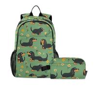 KLL Backpack And Lunch Box For Boys Cartoon Sweet Dachshund Dog Green