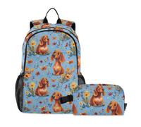 KLL Backpack With Lunch Bag Cartoon Sweet Dachshund Dog Blue