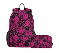 KLL Backpack With Lunch Bag Cute Pink Black monsters Skull Halloween | Book Bags For Boys With Lunch Bag,School Backpack With Lunch Bag age 8-10 years old