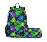 KLL Backpack With Lunch Bag Neon Rainbow Frog Lily Pad