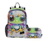 KLL Backpack With Lunch Box For Boys Cartoon Green Big-eyed Frog