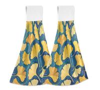 KLL bath hand towel with loop set of 2 washcloths pack of easter dish towels Gingko Leaf Blue Art Painting