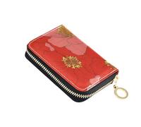 KLL Big Red Bloom Flowers Leather Card case Wallet Women with 9 Cards Slot RFID Blocking Men's Card Cases with Zipper
