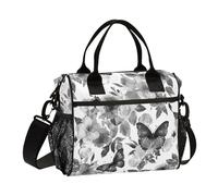 KLL Black and White Butterflies Flowers Portable Lunch Box Tote Bag with Shoulder Strap Large Lunch Bags for Women for College Porta comidas para Lunch