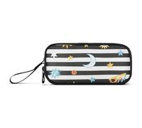 KLL Black White Stripes Sun Moon Star Nylon Boys Pencil Bag High Capacity Pencil Case for High School Stationery Organizer for School Woman