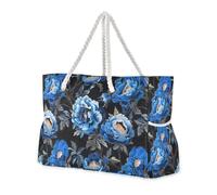 KLL Black with Blue Peony Embroidery Portable foldable beach bag for travel with zipper teacher tote bags for women pockets
