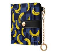 KLL Blue and Black Checkered Bananas Women's Folding Wallet Waterproof PU Leather Wallet With Card Slots for Woman Girl