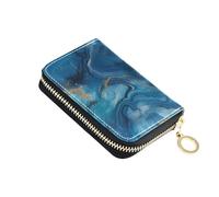 KLL Blue Gilded Marble Leather Card Holder Wallet for Men with 9 Cards Slot RFID Blocking Credit Card Book with Zipper
