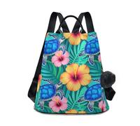 KLL Blue Hawaiian Honu Sea Turtles Hibiscus Flowers Fashion backpack carry on Anti-theft waterproof backpack for women for Daily College Shopping with Pom-pom keychain