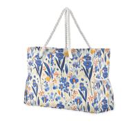 KLL Blue Iris White Background Modern Scandinavian Waterproof summer beach bag with zipper work tote bags for women with cup holder cup holders on the side