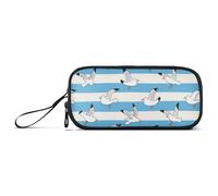 KLL Blue White Striped Seagull Nylon Pencil Bags for Teen Girls High Capacity Pencil Case Organizer Stationery for School Student