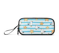 KLL Blue White Striped Starfish Seagull Nylon Zipper Pencil Bag Big Capacity Pencil Case with Zipper Stationery for College Student