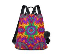 KLL Boho Hippie Mandala Tie Dye Fashion anti theft backpack casual backpack for women lightweight for Daily College Shopping with Pom-pom keychain