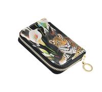 KLL Boho Style Leopard White Calla Lily Leather cardholder Wallet Womens with 9 Cards Slot RFID Blocking Credit Card Protector with Zipper