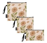 KLL Brown and Green Sunflower and Bee Pack of 3 Reusable Zipper Snack Bag Multi-Use Food-Safe Storage Zipper Bag for Candy, Fruits, Cereal, Home Organization