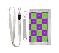 KLL Buffalo Plaid Check Heart Green Purple Trifold Mens Travel Wallet Gifts for Young Cool Lighweight Wallet with Money Clip with Lanyard