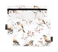 KLL Cartoon Cedar Waxwing Birds White Pencil Bag Plastic Pencil Case for 3 Rings Folders with Waterproof for Student Storage Container