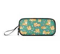 KLL Cartoon Cunning Tigers Green Nylon Pencil Bags for Boys Large Capacity Pencil Cases for College Stationery Organizer for Preppy School Man