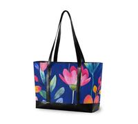 KLL Cartoon Cute Colorful Flowers Royal Blue Sturdy womens laptop tote bags with zipper canvas tote Large Handbag for university with tablet bolsas para computadoras de mujer