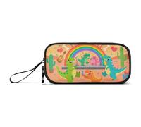 KLL Cartoon Dinosaur Paradise Orange Nylon Pencil Bag College Large Capacity Pencil Case with Compartments Stationery for Office Women