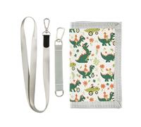 KLL Childish Doodle Green Dino Trifold Billfold for Credit Cards Cool Colorful Thin Wallets for Men with Lanyard