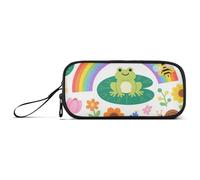 KLL Childish Illustration Frog Butterfly Rainbow Flower Bee Colorful Nylon Pencil Bags for Teen Girls High Capacity Pencil Cases for Teen School Stationery for Office Teen