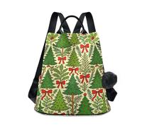 KLL Christmas Trees Bow Holly Pattern Vintage Fashion anti theft backpack multipurpose backpack for women lightweight for Daily College Shopping with Pom-pom keychain
