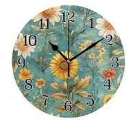 KLL Clock Autumn Flowers Sunflower Lily Rosemary Teal Battery Wall Clock Battery Powered Wall Clock Battery Operated for Decorative Living Room 10Inch Black