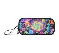 KLL Colorful Aliens for Happy Halloween Nylon Pencil Bag for Teen Big Capacity Pencil Case for Girls School Stationery for School Student