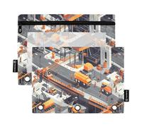 KLL Construction Scene Building Bridges Dump Truck Concrete Mixer Truck Pencil Bags Document Bag for 3 Rings Folder with 3 Holes for Office Office Document Organizer