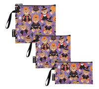 KLL Cute Brown Bear Pumpkin for Halloween 3-Pack Reusable Travel Snack Bags Portable Food Safe Lunch Bags for Candy, Fruits, Cereal, Home Organization