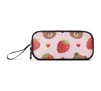KLL Cute Cartoon Brown Bear Strawberry Nylon Large Zipper Pencil Bag Large Capacity Pencil Case with Zipper Stationery for Office Nurse