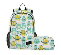 KLL Cute Little Monsters Green Yellow Backpack With Lunch Box Boys School Bag Boy age 8-10 years old