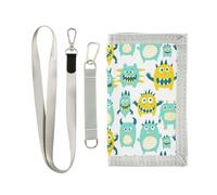 KLL Cute Little Monsters Green Yellow Trifold Purse for Womens Unique Lighweight Billfold with Lanyard