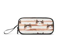 KLL Cute Meow Cats Orange Nylon Large Pencil Bag High Capacity Large Pencil Case Stationery Organizer for High School Girls