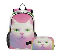 KLL Cute White Fat Cat Dopamine Color Bookbag With Lunchbox For Girls Boys School Backpack With Lunch Box 10-12