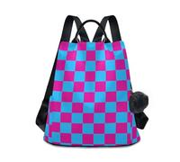 KLL Cyan Blue And Fuchsia Checkerboard Pattern Fashion college backpacks trendy laptop backpack for women for Travel, Work, Everyday with Pom-pom keychain