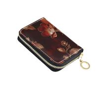KLL Dark Red Background with Rose Gold Vintage Floral Pattern on It Leather Credit Card Wallet for Men with Cion Purse RFID Blocking Card Holder Women with Zipper