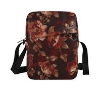 KLL Dark Red Background with Rose Gold Vintage Floral Pattern on It messenger bag cute Vegan Leather shoulder bag crossbody Travel Shoulder Handbag