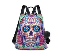 KLL Día De Los Muertos Sugar Skulls Fashion travel backpack multipurpose backpack for women college for Travel, Work, Everyday with Pom-pom keychain