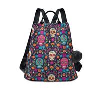 KLL Dia De Los Muertos Tribal Skull Pattern Fashion travel laptop backpack trendy backpack for women college for Daily College Shopping with Pom-pom keychain