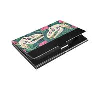 KLL Dinosaur Skull Green Pink Monstera Leaves Slim Small Business Card Holder with Leather and Stainless Steel Card case Holder for Women or Men tarjetero para Hombre