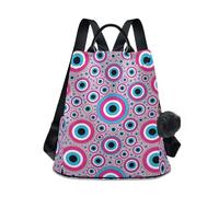 KLL Evil Eye Pink Fashion middle school backpack multipurpose large backpack for women for Travel, Work, Everyday with Pom-pom keychain