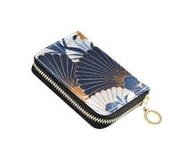 KLL Fan-Shaped Floral Pattern White Blue Art Deco Style Leather Card Wallet Women with 9 Cards Slot RFID Blocking Men's Card & id Cases with Zipper