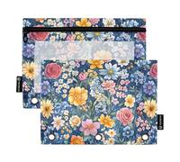 KLL Florals Rose Delphinium Rose Blue Pencil Bag Soft Pencil Case for 3 Rings Binders Case with Binder Holes for Office Stationery Accessories