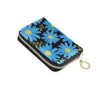 KLL Fluorescent Blue Daisies Art Deco Leather cardholder Wallet Womens with Cion Purse RFID Blocking Credit Card Holder for Women with Zipper