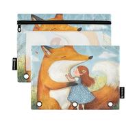 KLL Fox Little Girl Blue Pencil Bags Cosmetic Bag for Binder Folder with 3 Holes for Children Home Travel Cards Storage Container